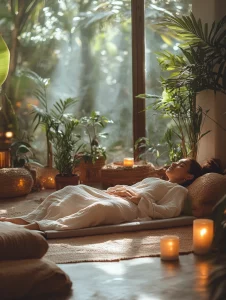 Femme allongée paisiblement dans un espace de relaxation baigné de lumière naturelle, entourée de plantes vertes et de bougies allumées.