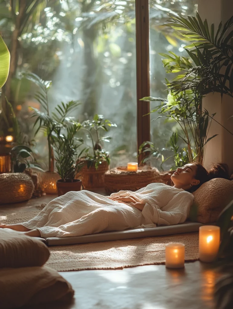 Femme allongée paisiblement dans un espace de relaxation baigné de lumière naturelle, entourée de plantes vertes et de bougies allumées.