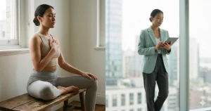 Personne assise, yeux fermés, qui respire calmement avant un rendez-vous important