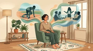 Personne assise les yeux fermés dans un fauteuil, en visualisation mentale, avec des scènes de sport et de réunion pour illustrer la préparation mentale et la performance