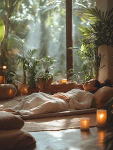 Personne assise dans un fauteuil, les yeux fermés, pendant un moment de relaxation