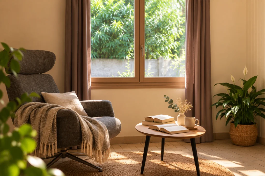 Coin lecture inspiré du cabinet FlowSerein à Gisors, avec fauteuil gris, table en bois, livres et tasse près d’une fenêtre lumineuse.